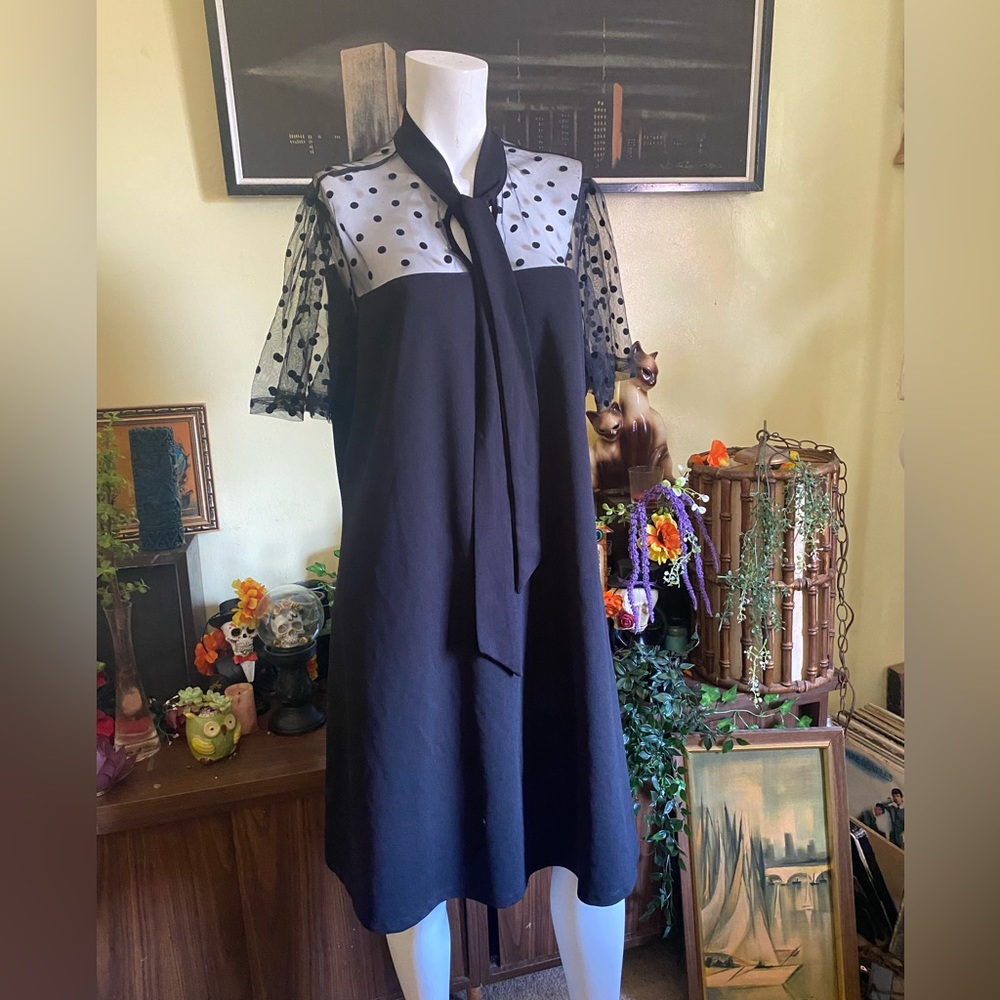 Ladies gothic sheer polka dot shift dress with tie  mod retro swing rockabilly